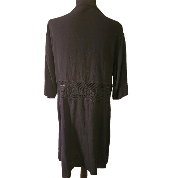 Black Cotton Tunic length Button-down Topper Crochet Detail Large - Picture 3 of 4